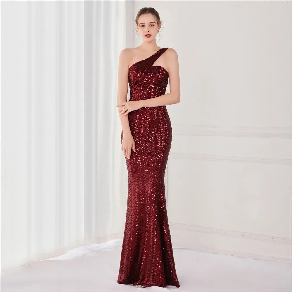 BerriesJam - 2024 One Shoulder Sleeveless Sequin Party Formal Maxi Dress