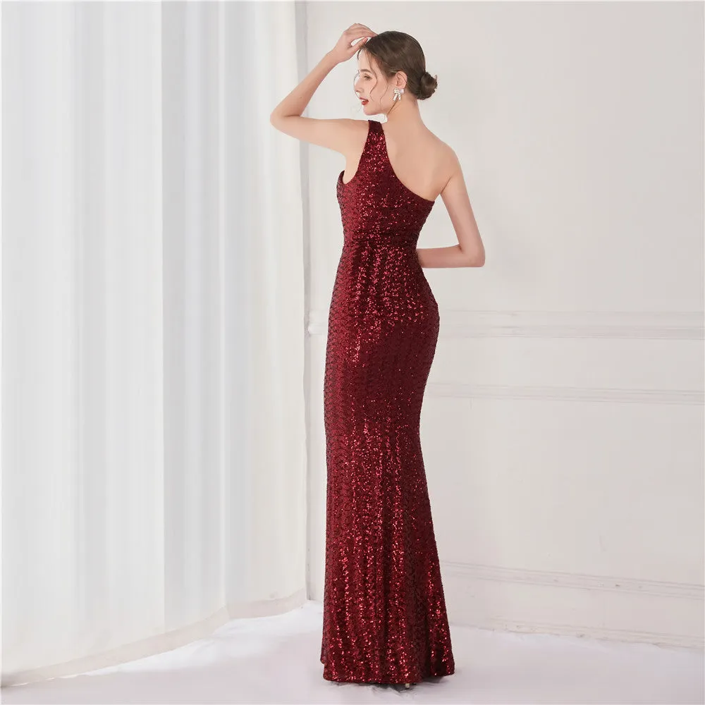 BerriesJam - 2024 One Shoulder Sleeveless Sequin Party Formal Maxi Dress