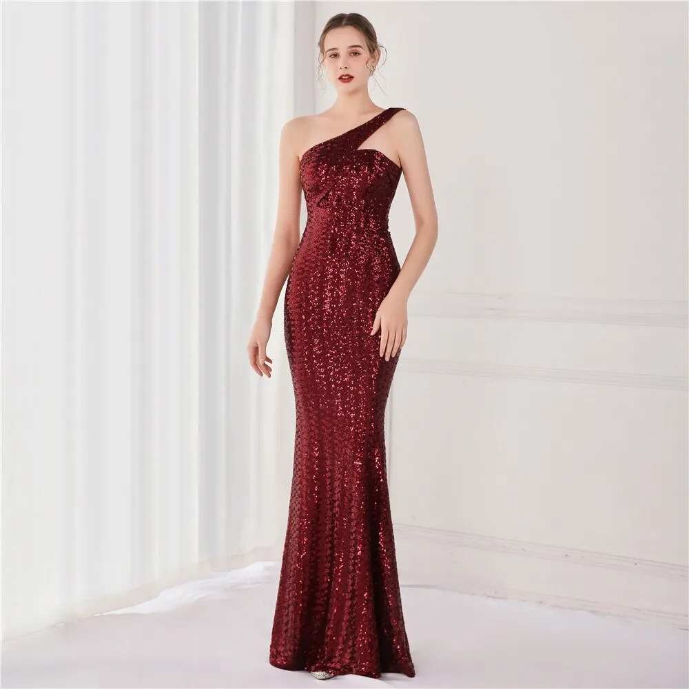 BerriesJam - 2024 One Shoulder Sleeveless Sequin Party Formal Maxi Dress