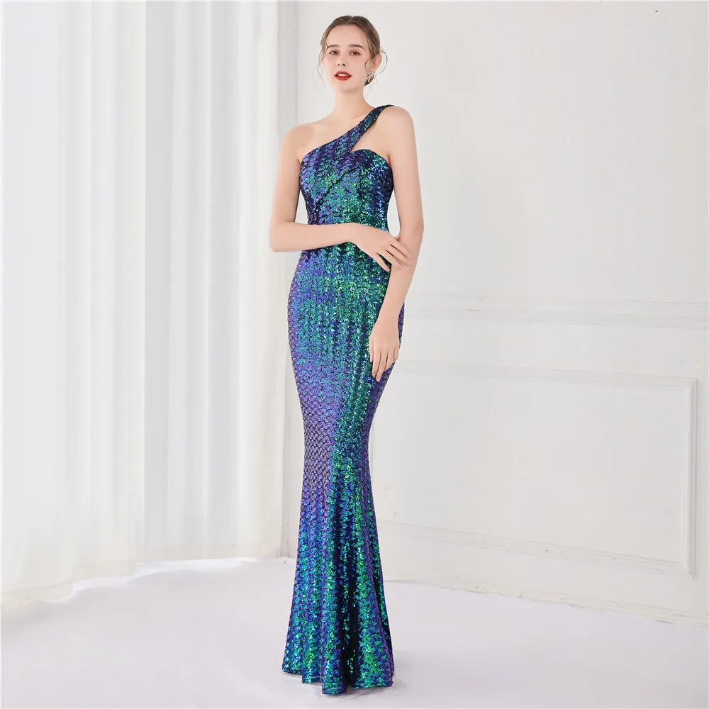 BerriesJam - 2024 One Shoulder Sleeveless Sequin Party Formal Maxi Dress