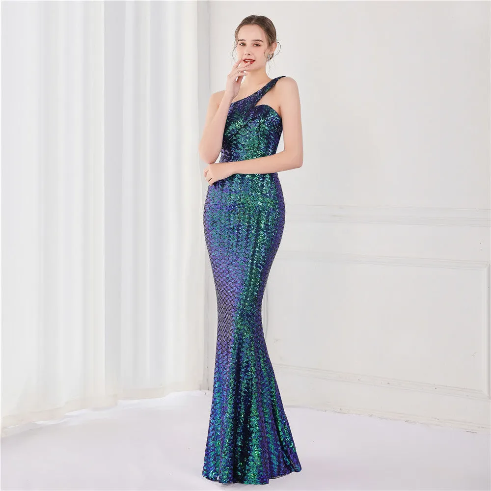 BerriesJam - 2024 One Shoulder Sleeveless Sequin Party Formal Maxi Dress