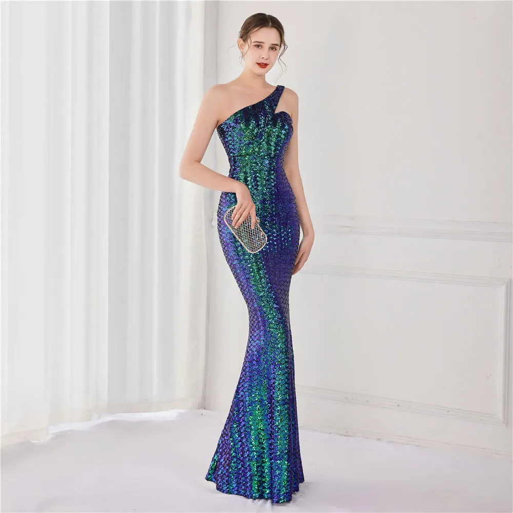 BerriesJam - 2024 One Shoulder Sleeveless Sequin Party Formal Maxi Dress