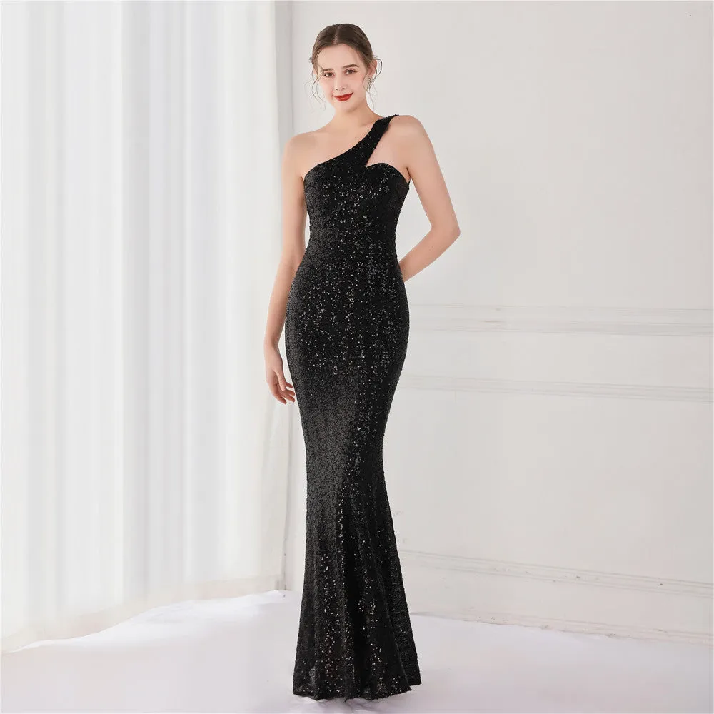 BerriesJam - 2024 One Shoulder Sleeveless Sequin Party Formal Maxi Dress