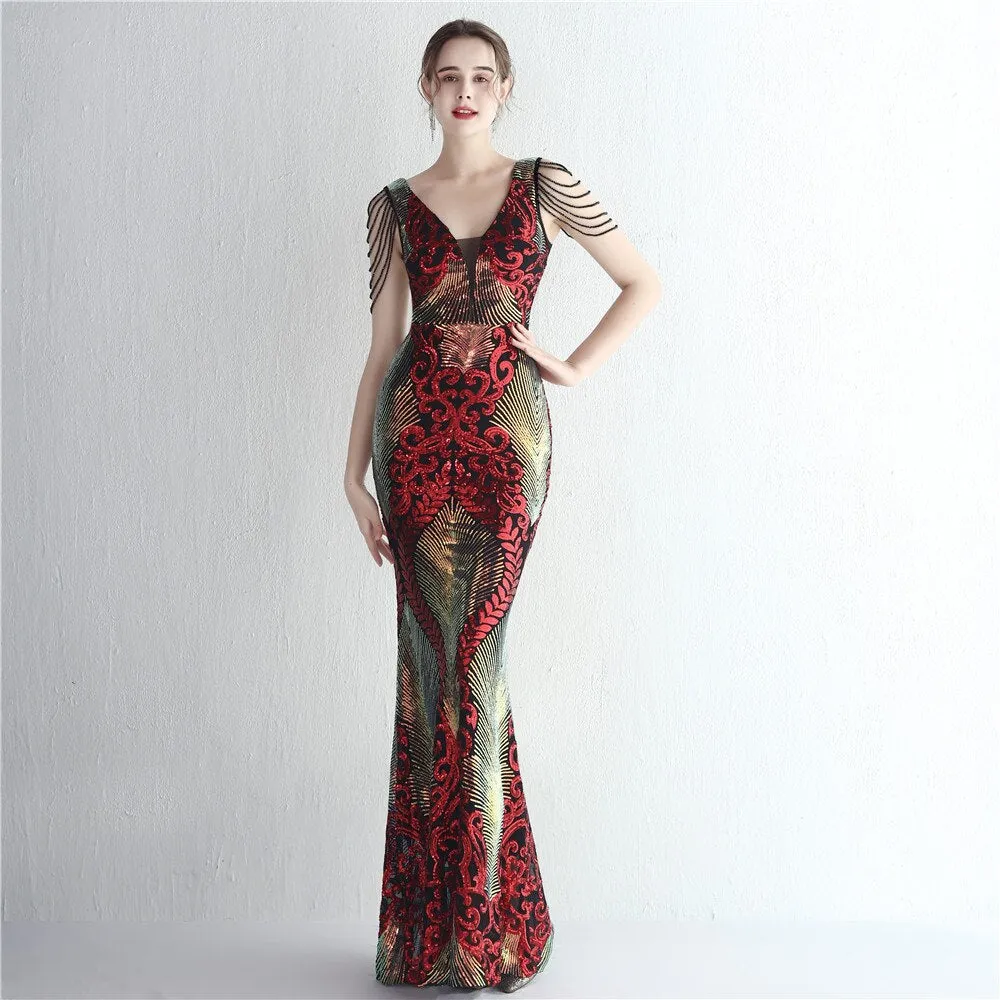 BerriesJam - 2024 V-Neck Beading Formal Mermaid Sequin Party Prom Dress