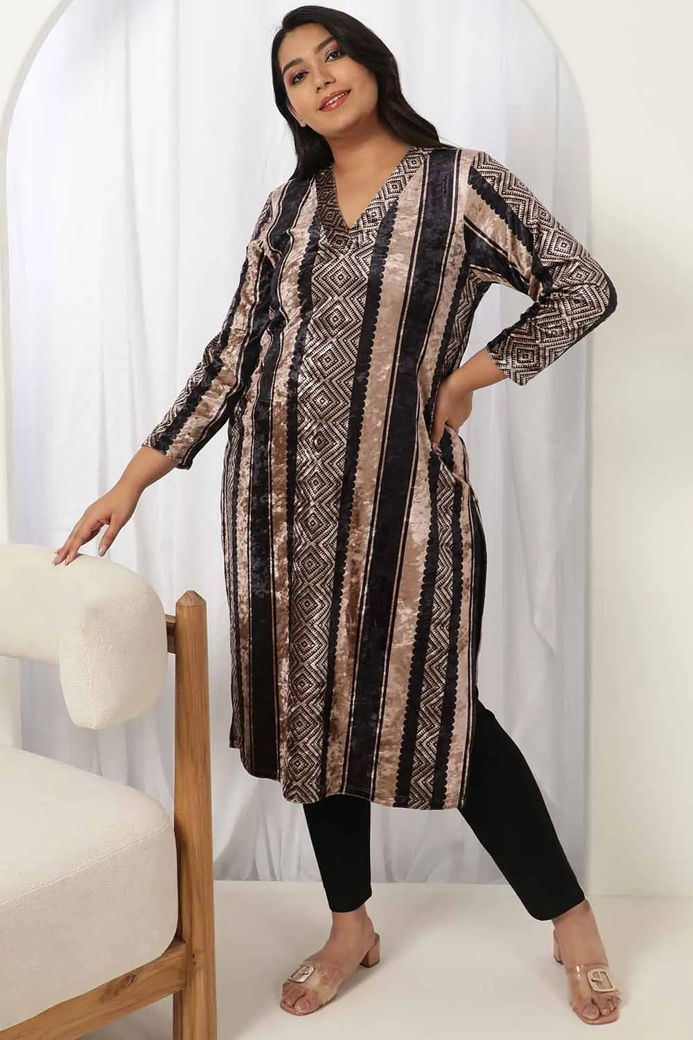 Black Beige Stripe Velvet Kurta