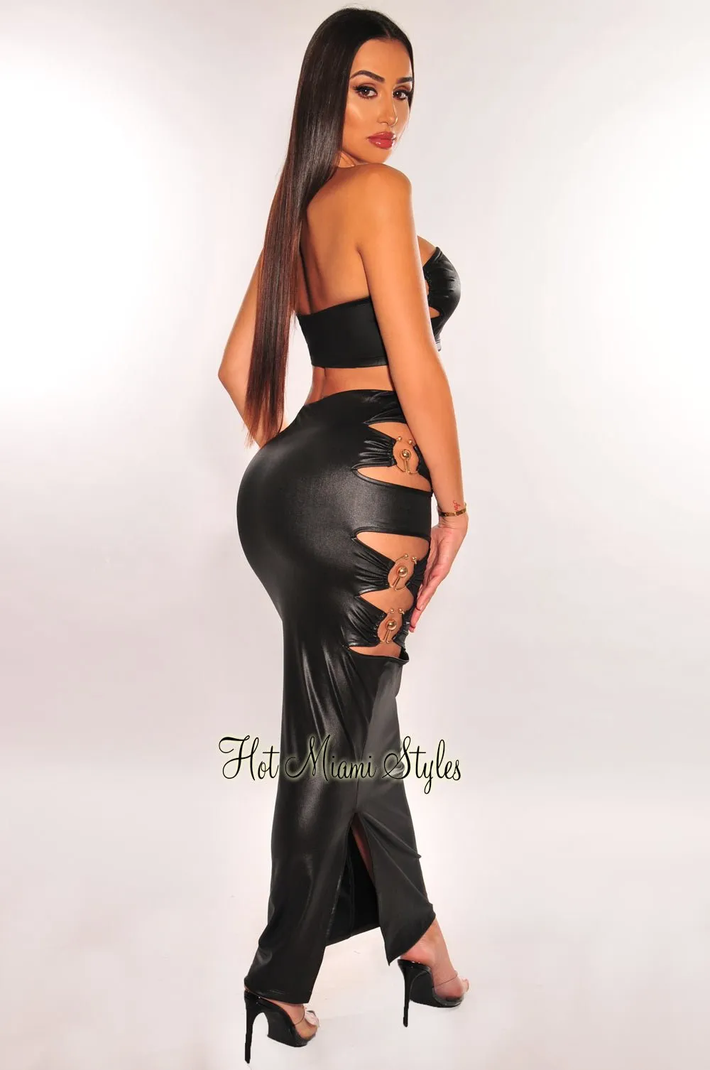 Black Faux Leather Bandeau Gold Ring Cut Out Slit Skirt Two Piece Set