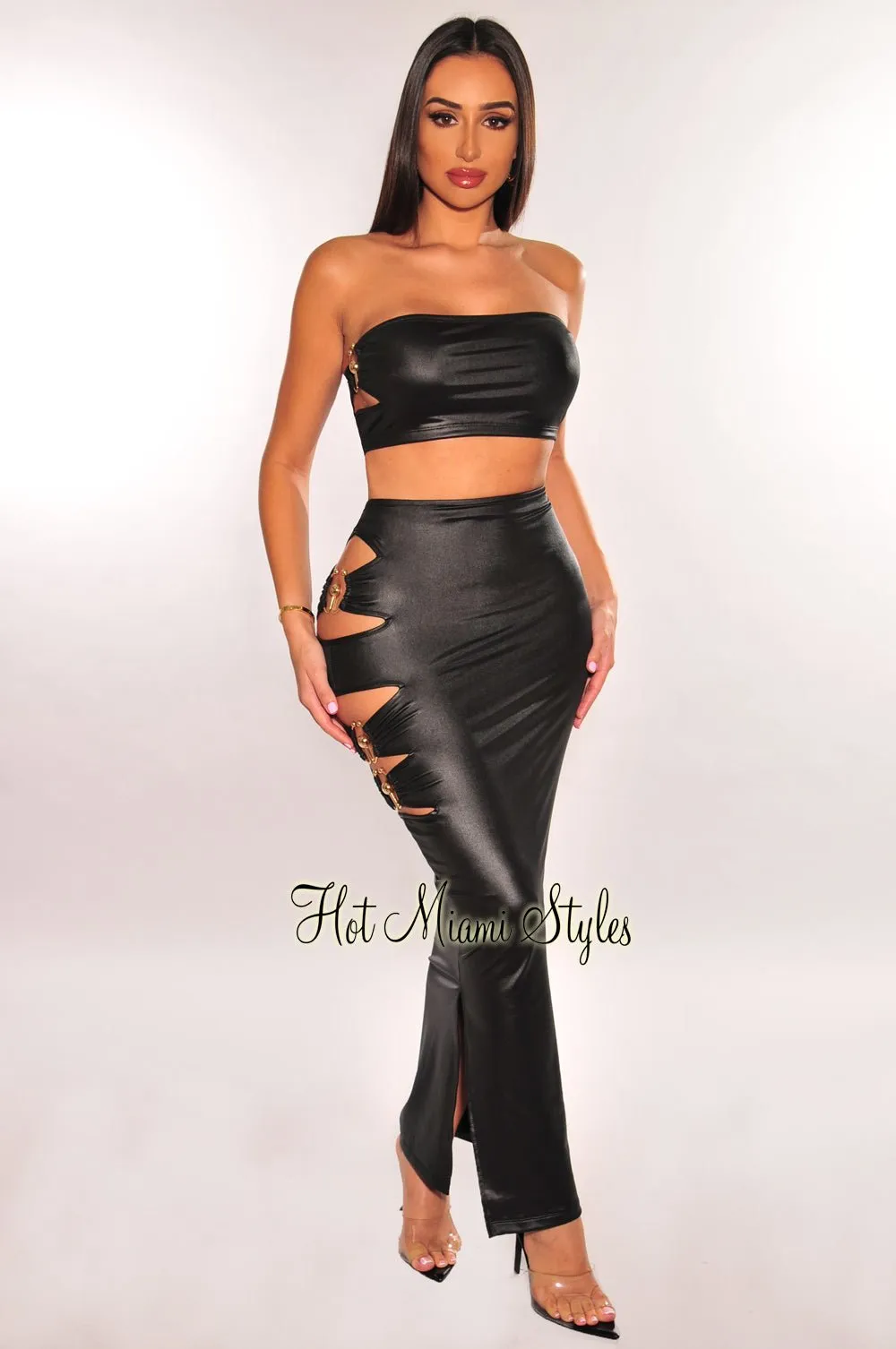 Black Faux Leather Bandeau Gold Ring Cut Out Slit Skirt Two Piece Set