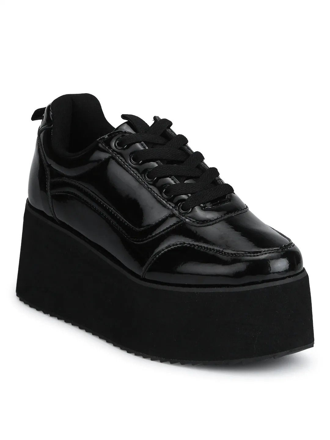 Black Patent PU Lace-Up Flatform Sneakers