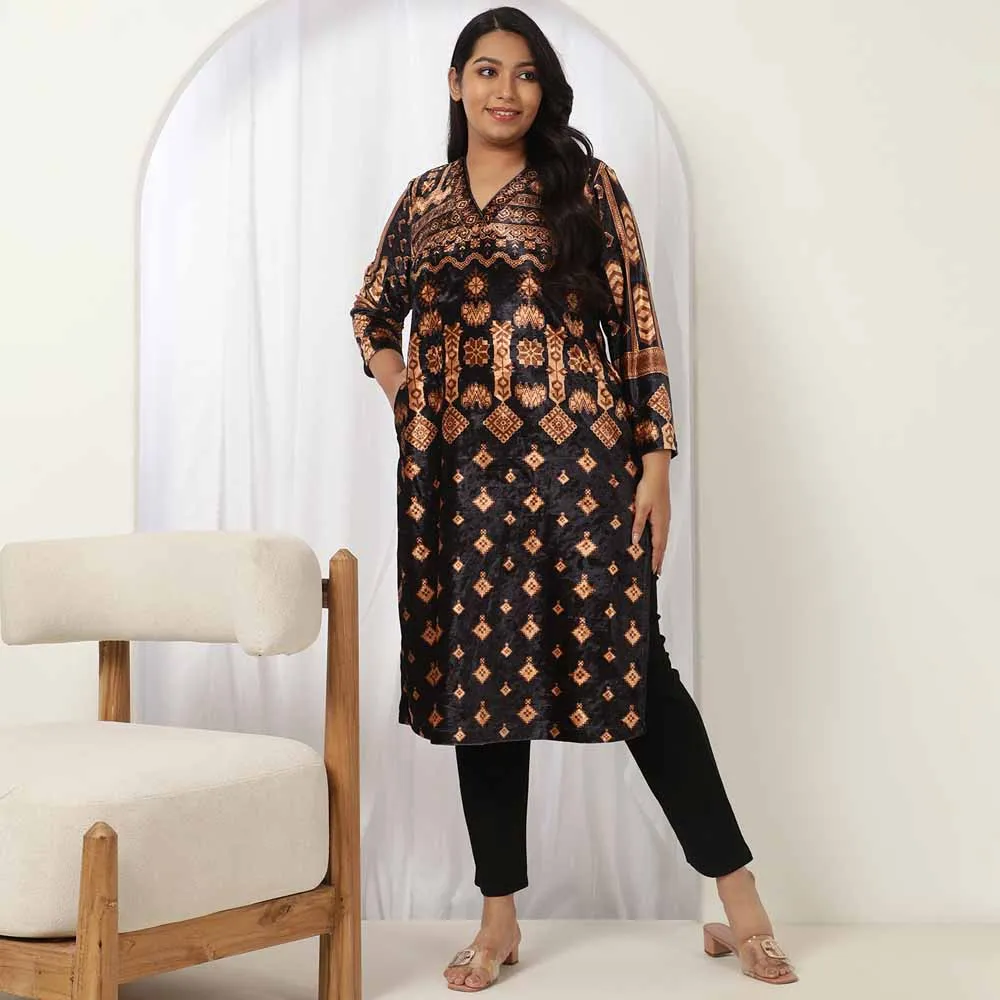 Black Printed V Neck Velvet Kurta