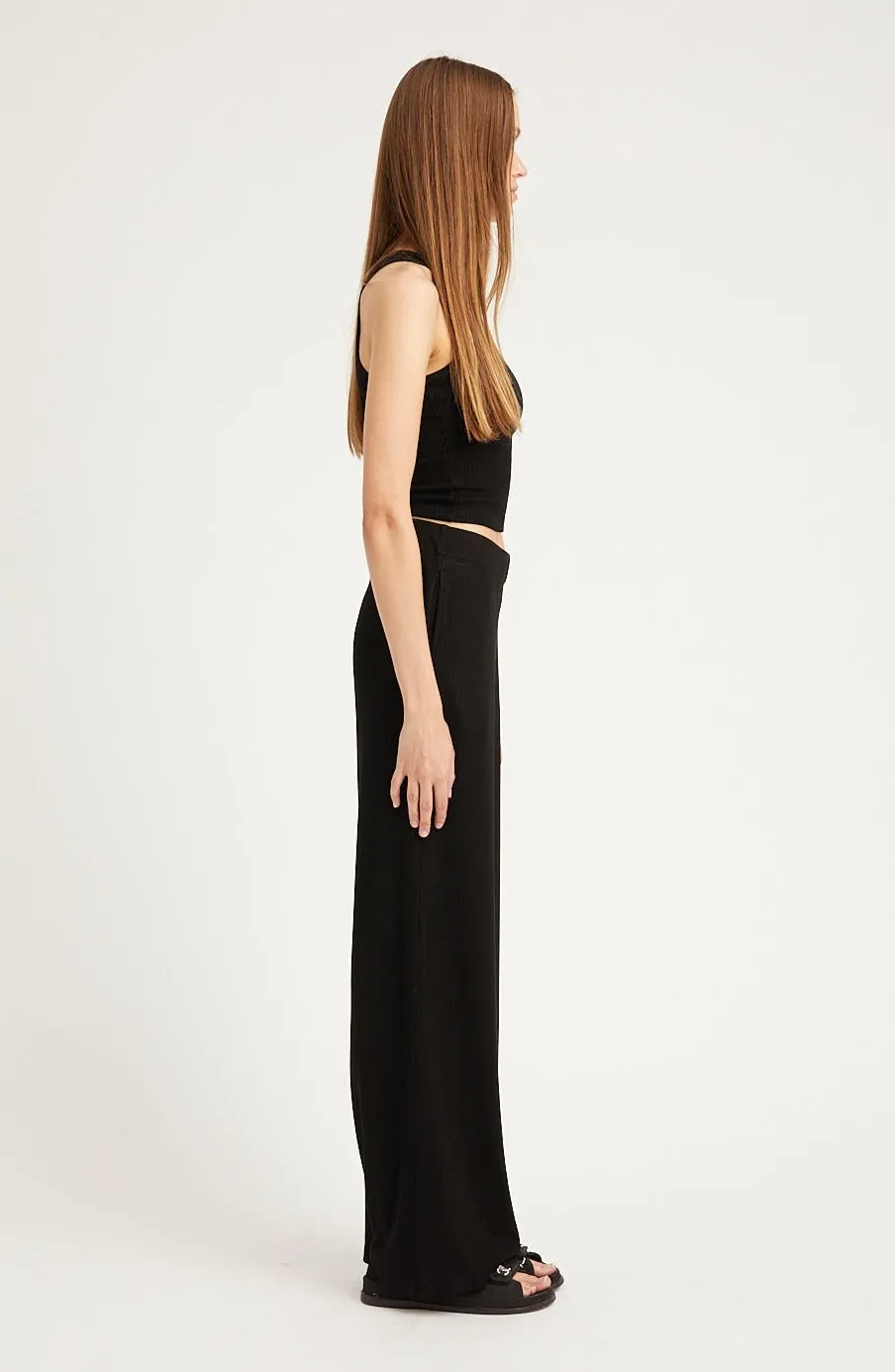 Black Rib Wide Leg Pants