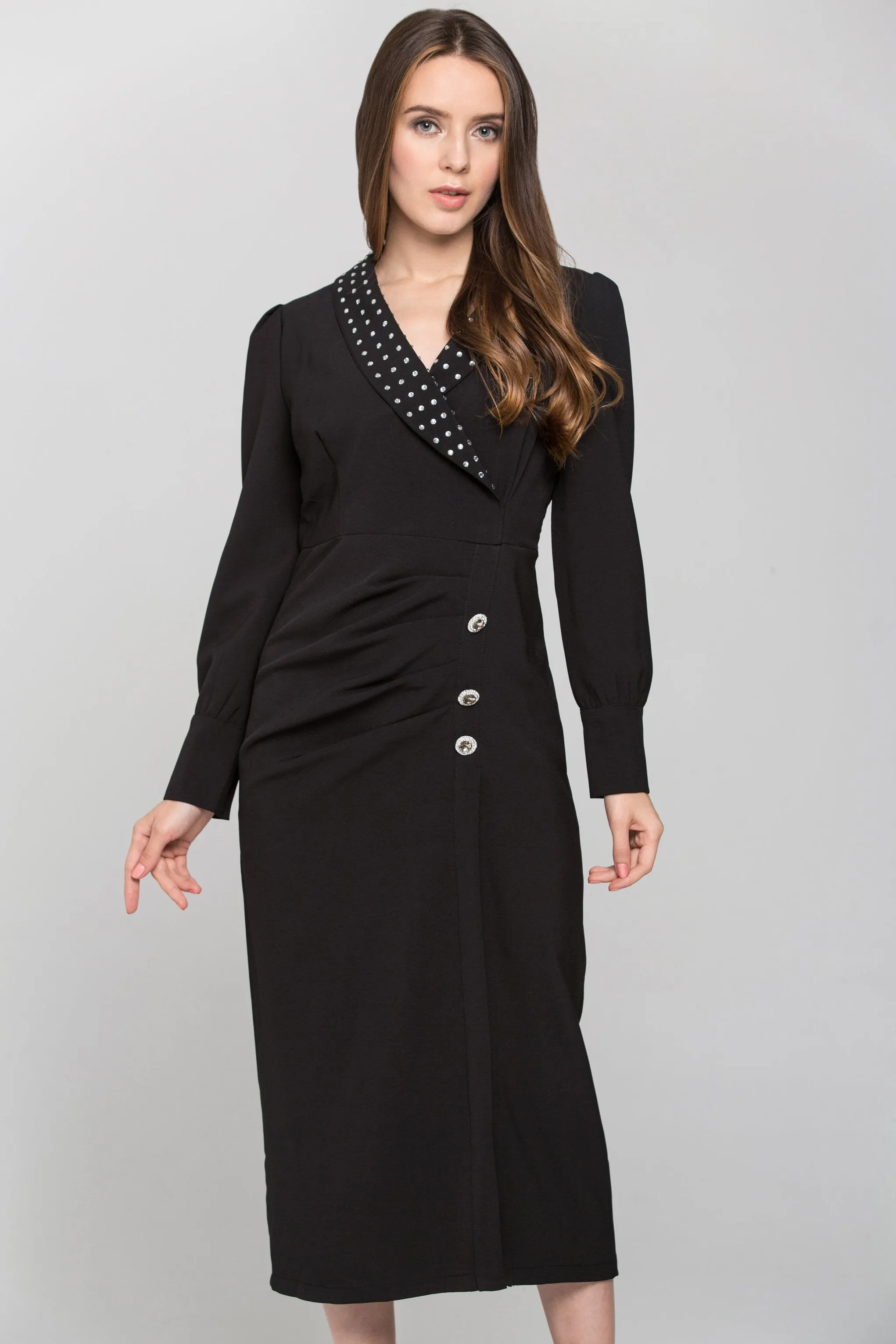 Black Studded Collar Side Button Midi Dress