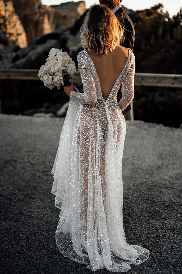 Bling A-line See Through Deep V Neck Long Sleeves Wedding Dresses, SW353