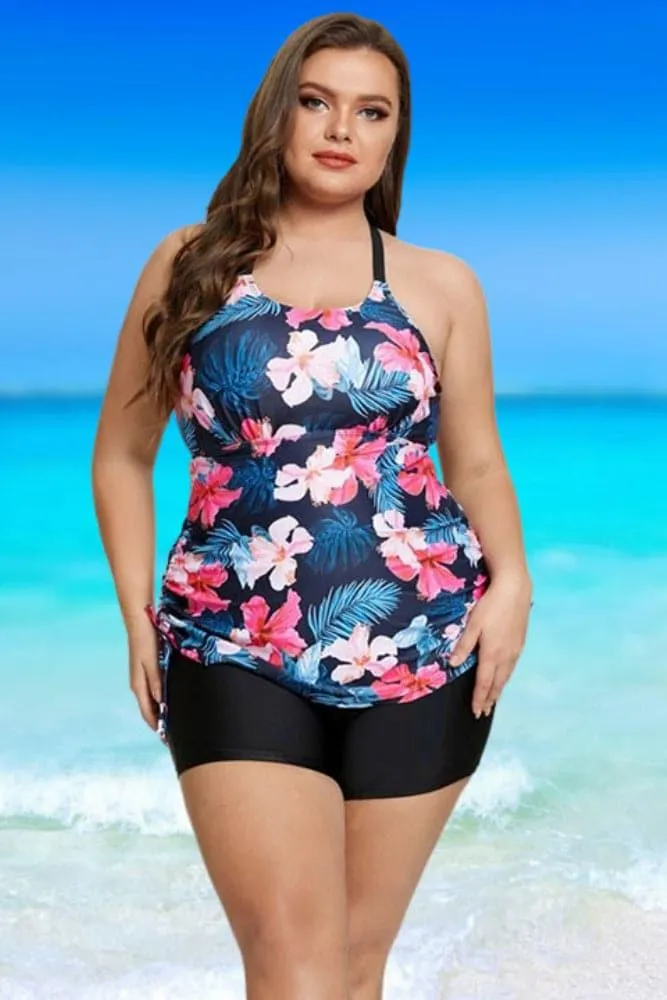 Blue Paisley Padded High Waist Tankini Set