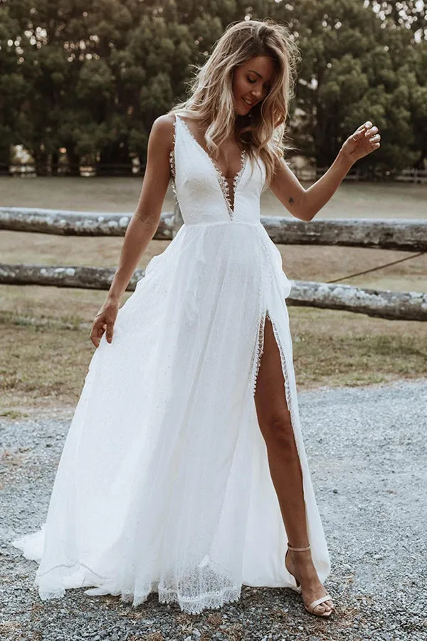 Boho Chiffon A-line V-neck Lace Spaghetti Straps Beach Wedding Dresses, SW345