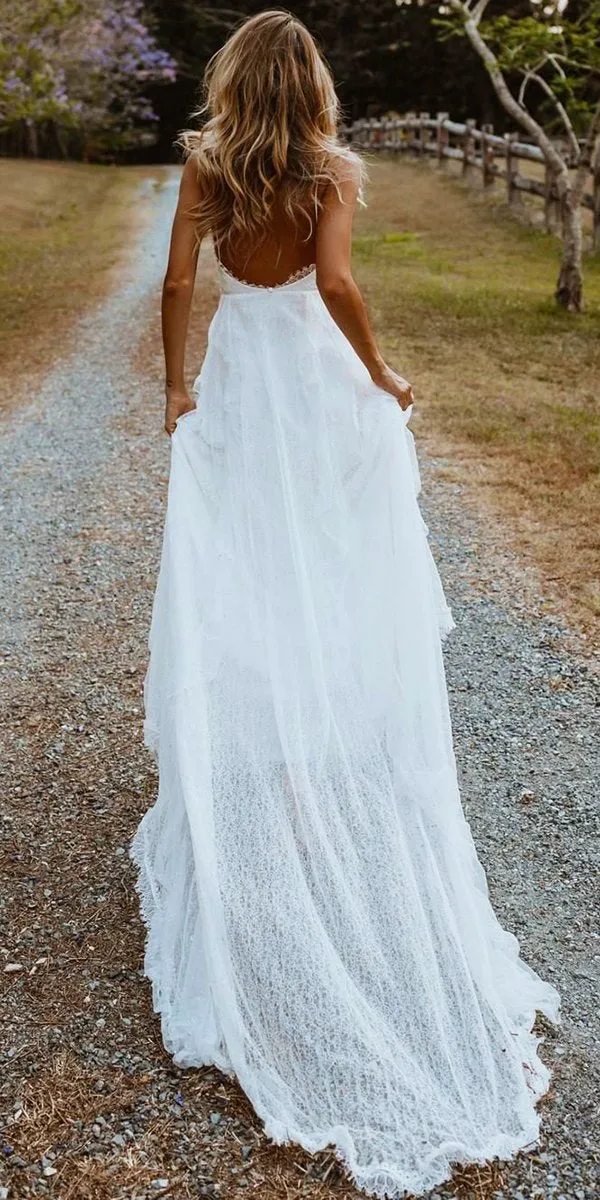 Boho Chiffon A-line V-neck Lace Spaghetti Straps Beach Wedding Dresses, SW345