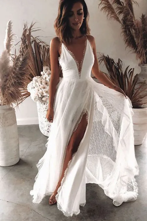 Boho Chiffon A-line V-neck Lace Spaghetti Straps Beach Wedding Dresses, SW345