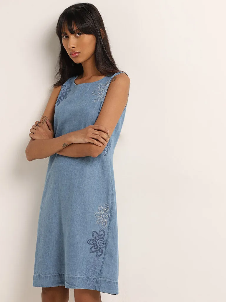 Bombay Paisley Blue Floral Embroidered Straight Denim Dress