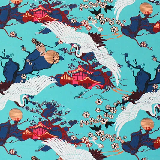 Bonsai Tree Crane Asian Mint Printed Spandex | Blue Moon Fabrics