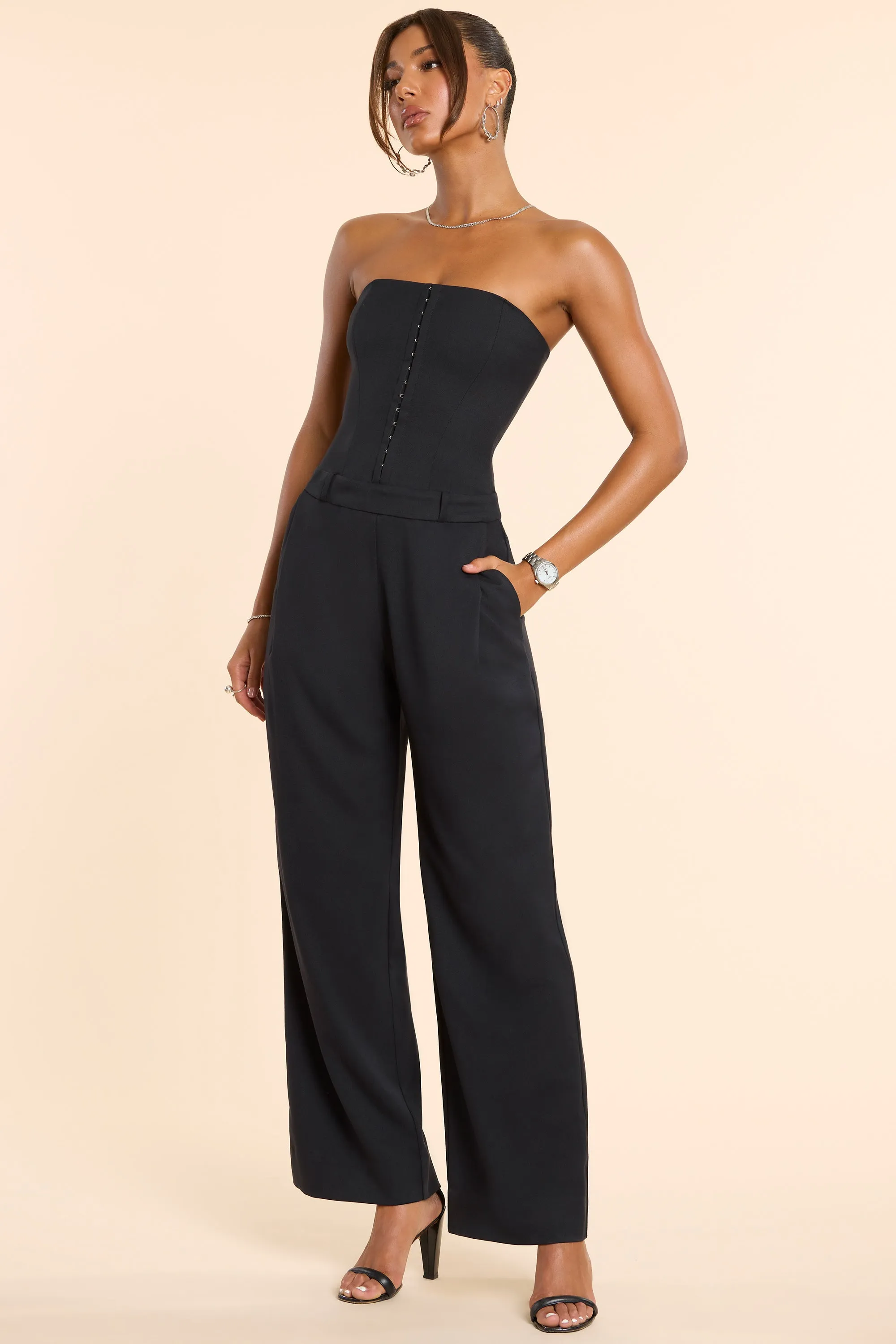 Brushed Twill Bandeau Corset Jumpsuit in Black