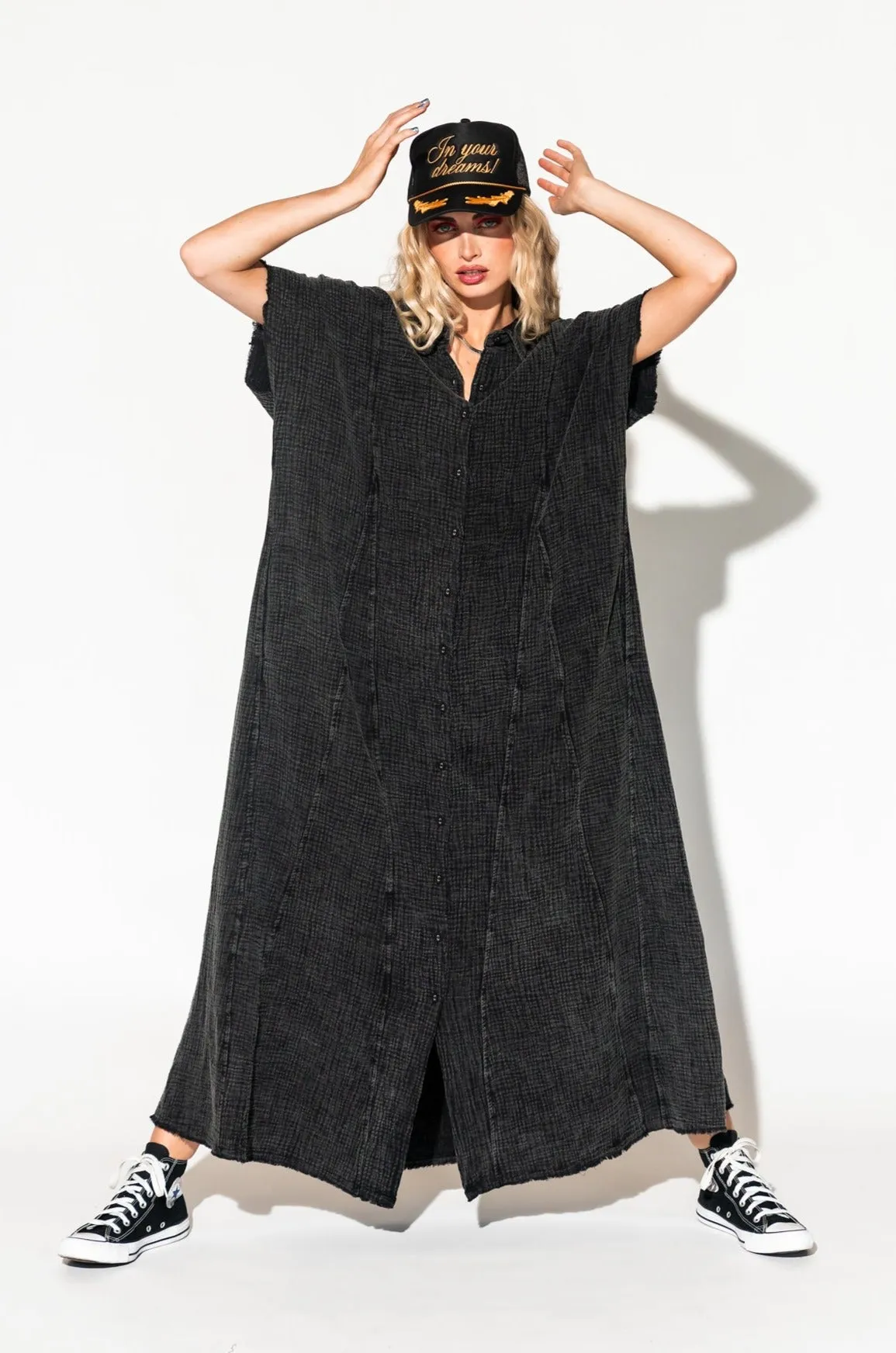 California Cool Oversized Maxi Dress in Black Mineral Wash