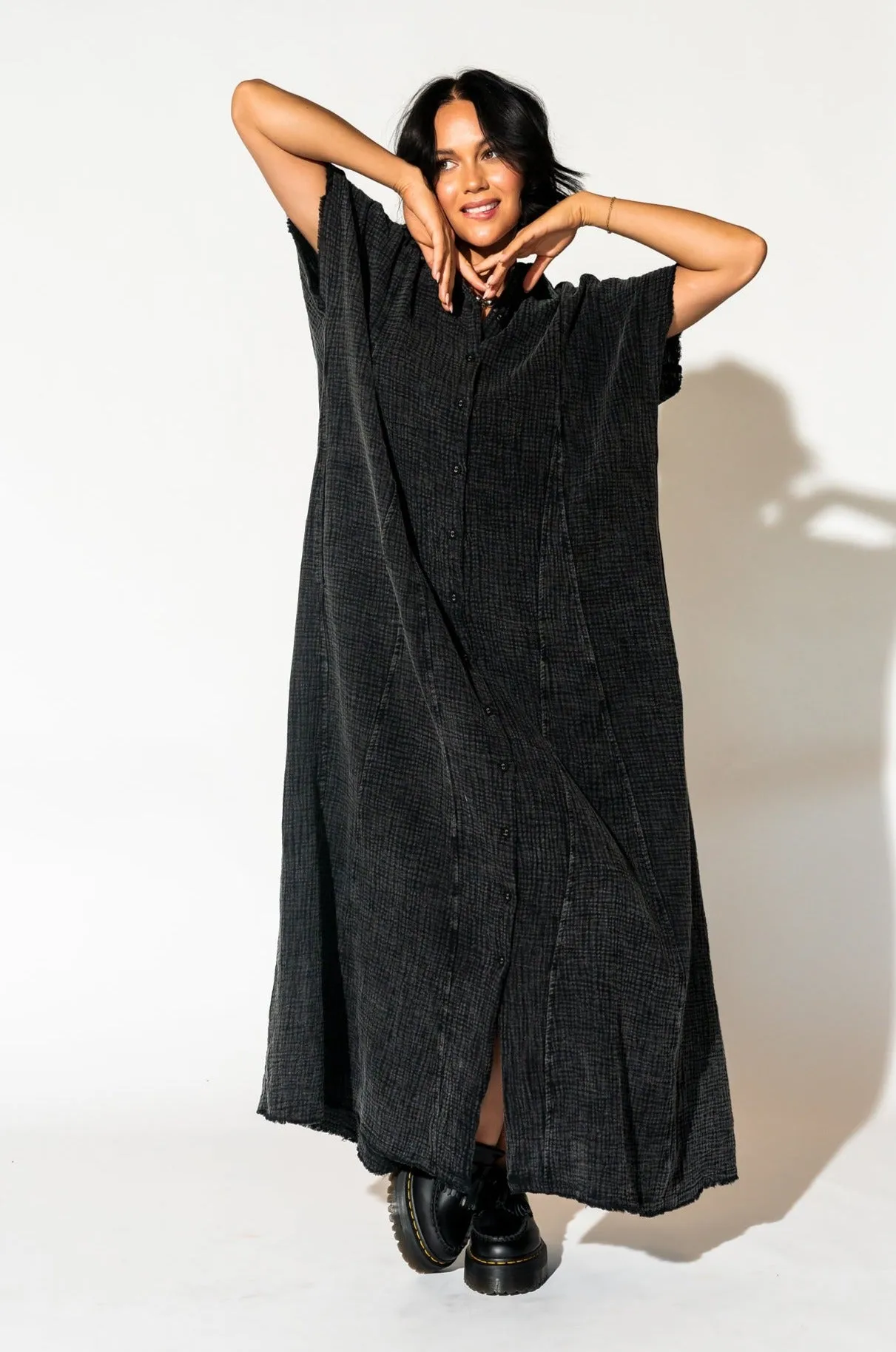 California Cool Oversized Maxi Dress in Black Mineral Wash