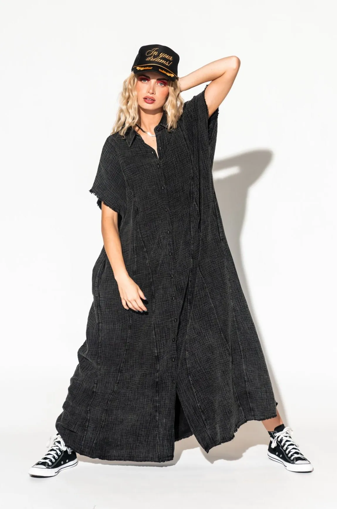 California Cool Oversized Maxi Dress in Black Mineral Wash