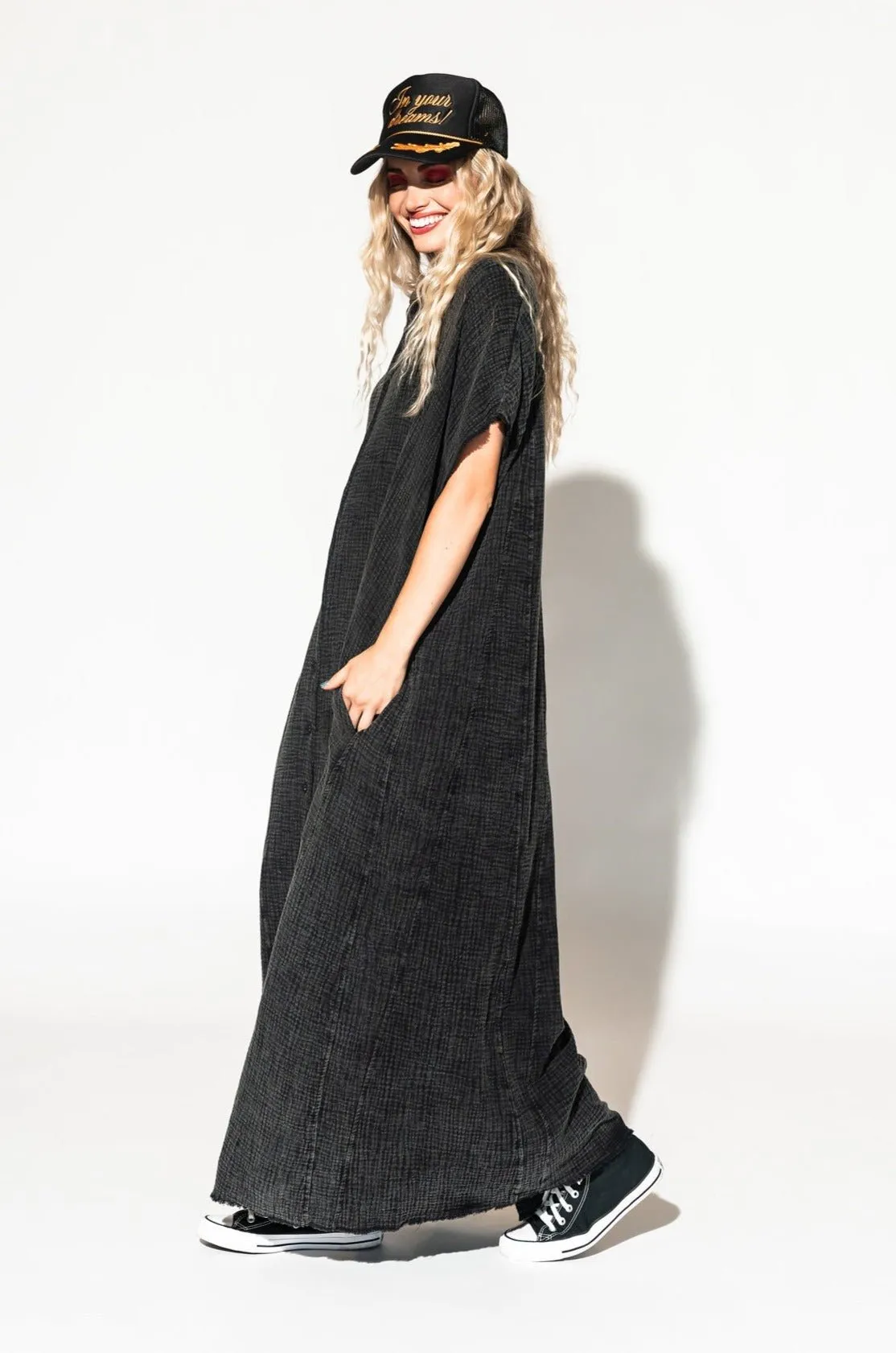 California Cool Oversized Maxi Dress in Black Mineral Wash