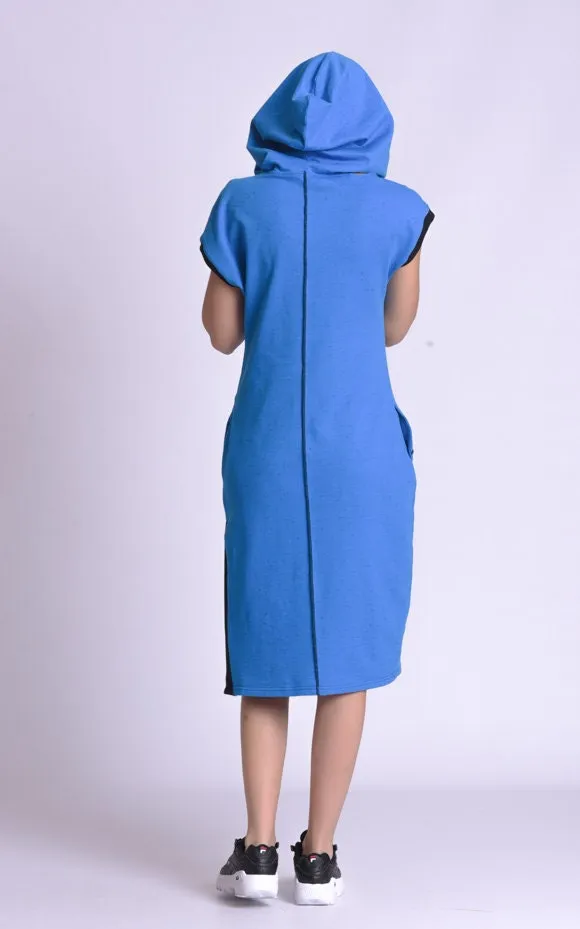 Casual Hooded Knee Length Blue Dress