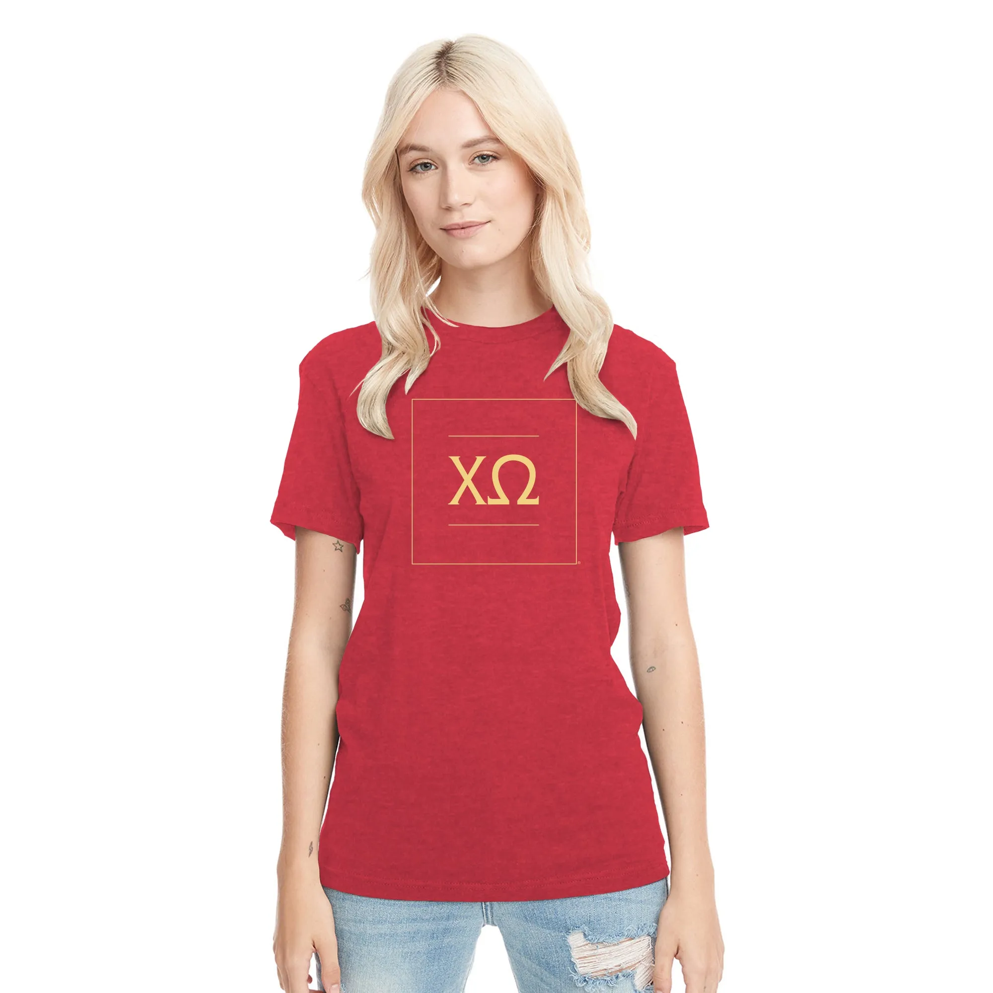 Chi Omega Greek Letter Block Triblend T-Shirt - Vintage Red