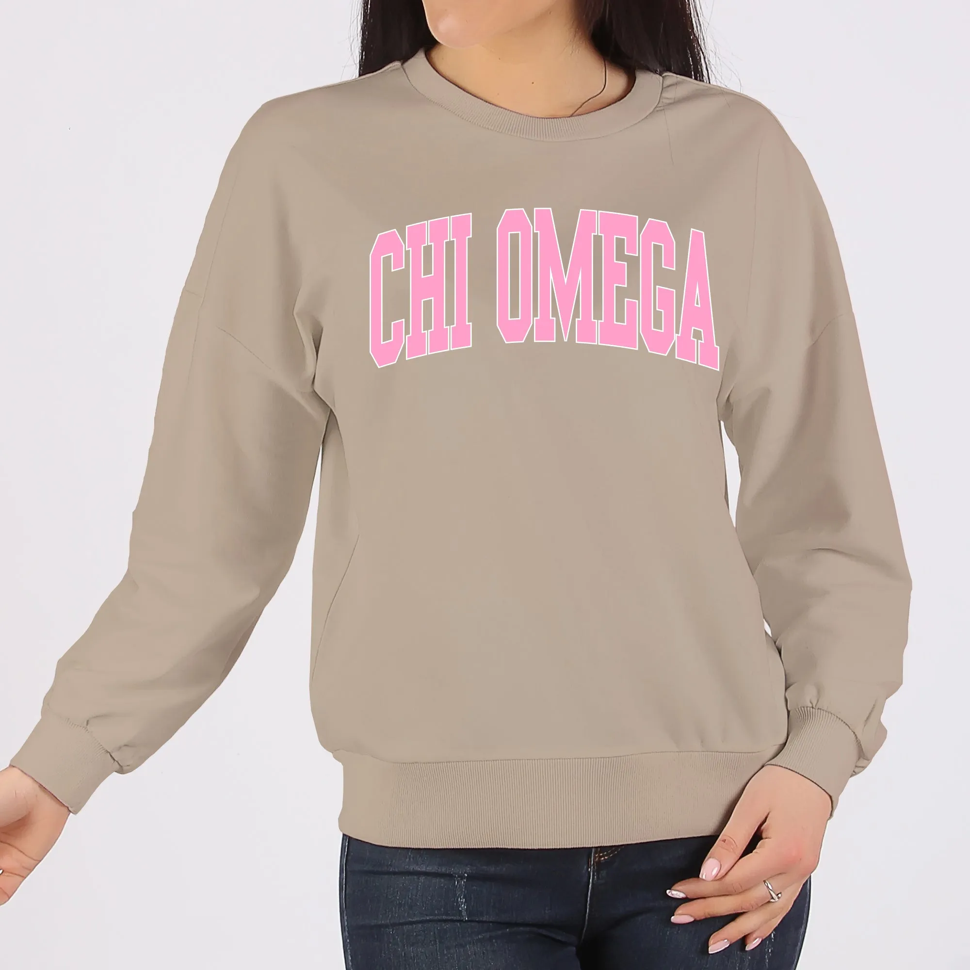 Chi Omega Greek Mega Arch Crewneck Sweatshirt - Sand