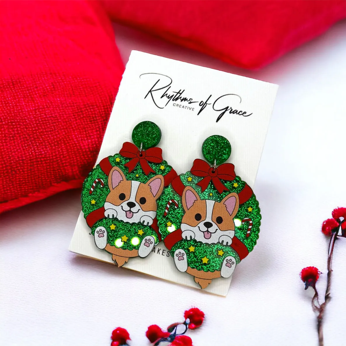 Christmas Wreath Earrings - Christmas Sloth, Christmas Cat, Christmas Corgi, Christmas Earrings, Merry Christmas, Christmas Jewelry, Handmade Earrings