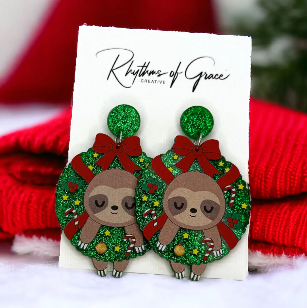 Christmas Wreath Earrings - Christmas Sloth, Christmas Cat, Christmas Corgi, Christmas Earrings, Merry Christmas, Christmas Jewelry, Handmade Earrings