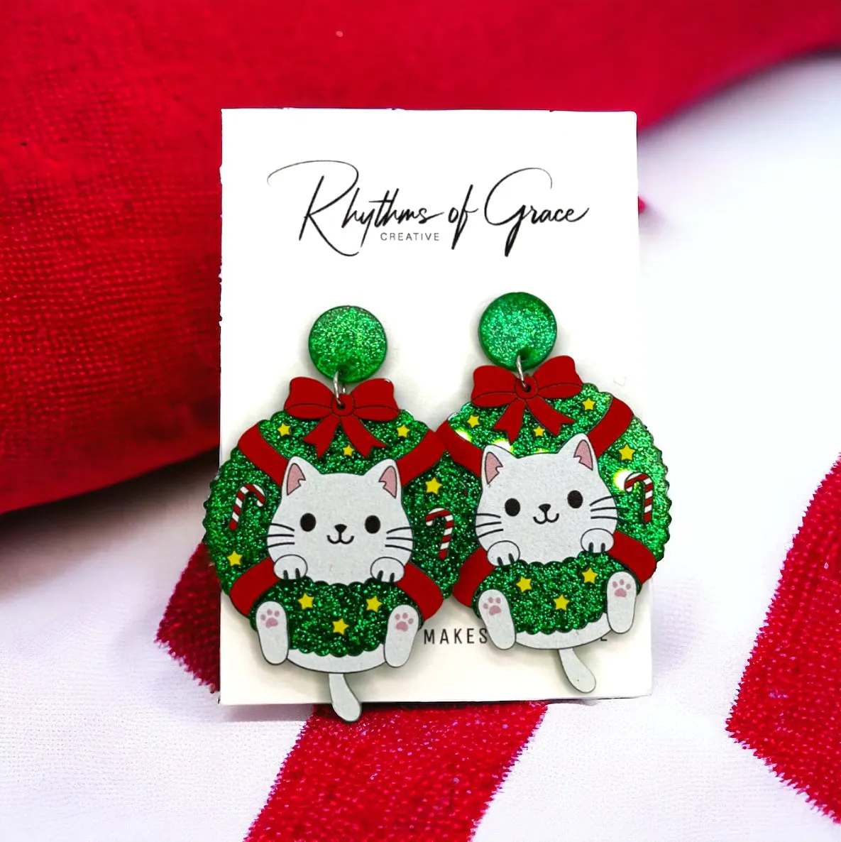 Christmas Wreath Earrings - Christmas Sloth, Christmas Cat, Christmas Corgi, Christmas Earrings, Merry Christmas, Christmas Jewelry, Handmade Earrings