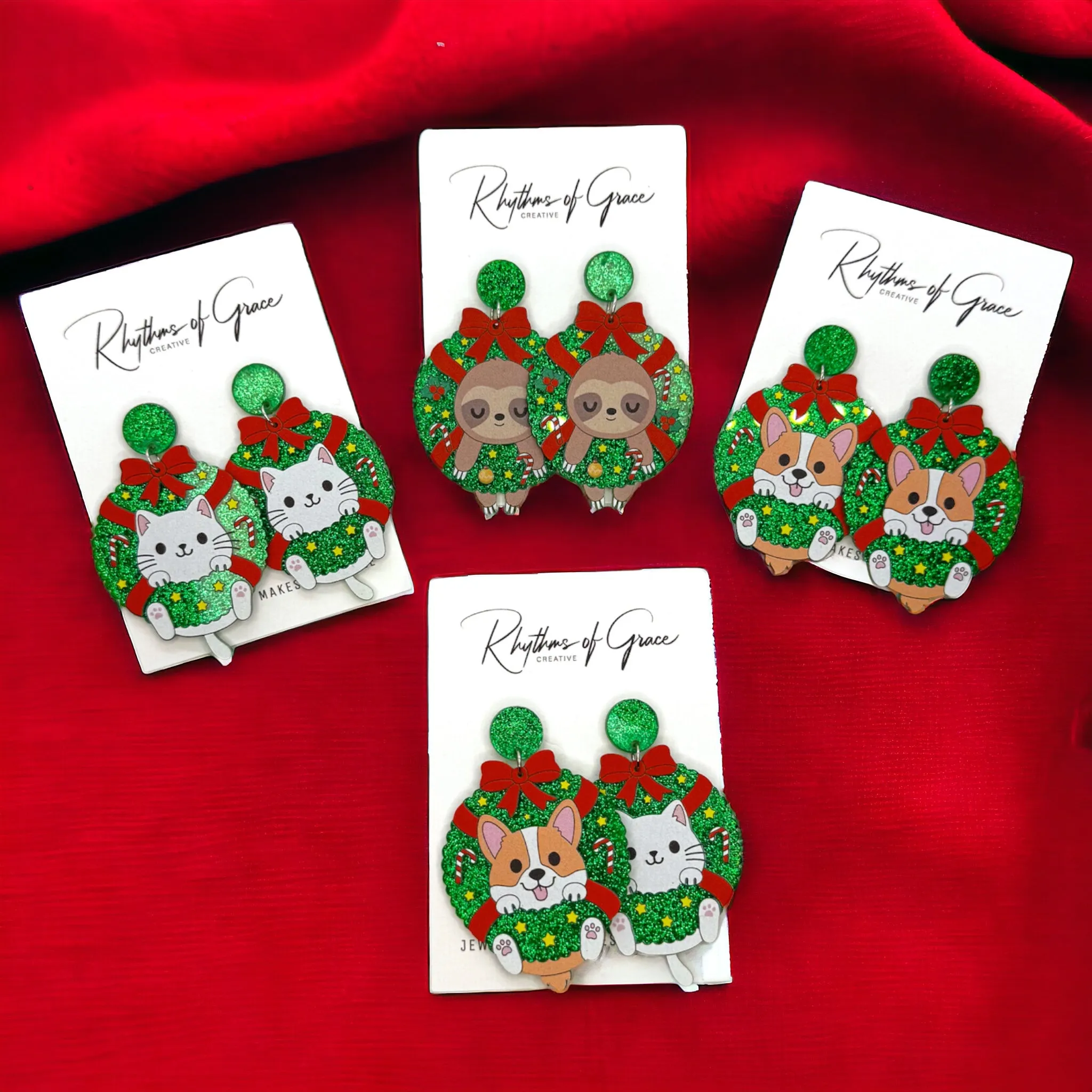 Christmas Wreath Earrings - Christmas Sloth, Christmas Cat, Christmas Corgi, Christmas Earrings, Merry Christmas, Christmas Jewelry, Handmade Earrings