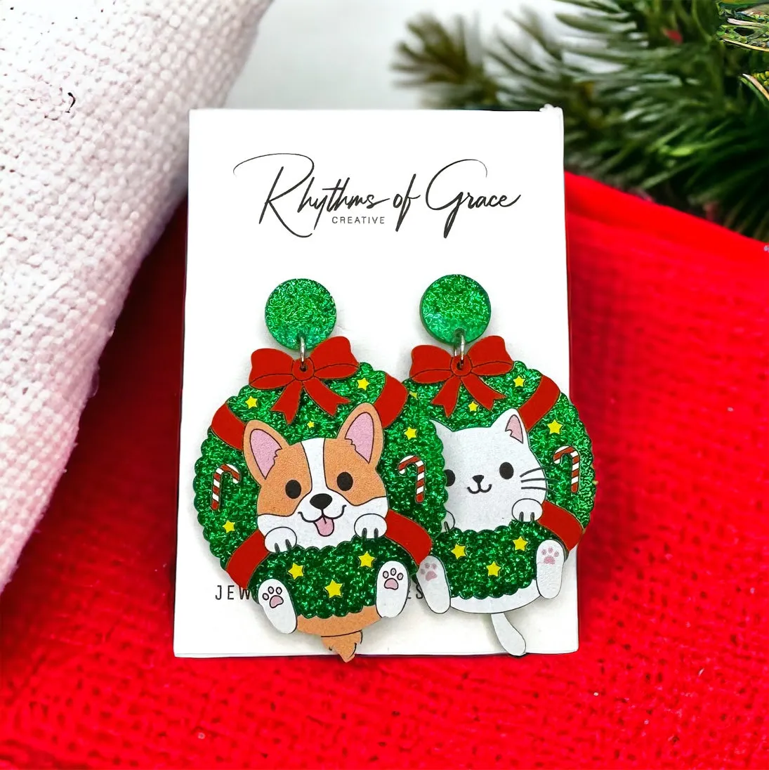 Christmas Wreath Earrings - Christmas Sloth, Christmas Cat, Christmas Corgi, Christmas Earrings, Merry Christmas, Christmas Jewelry, Handmade Earrings