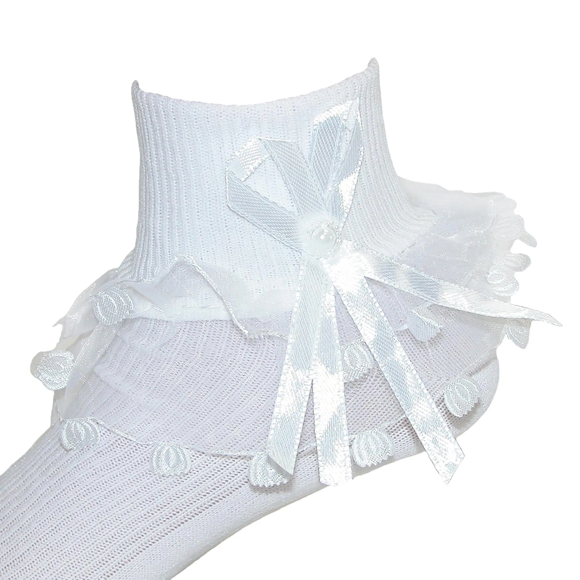 CTM® Girls' Lace Ruffle Anklet Sock with Pearl Accent