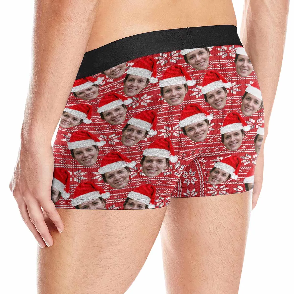 Custom Boxer Personalized Xmas Boxer Briefs with Face Red Background Christmas Hat Design Unique Gift