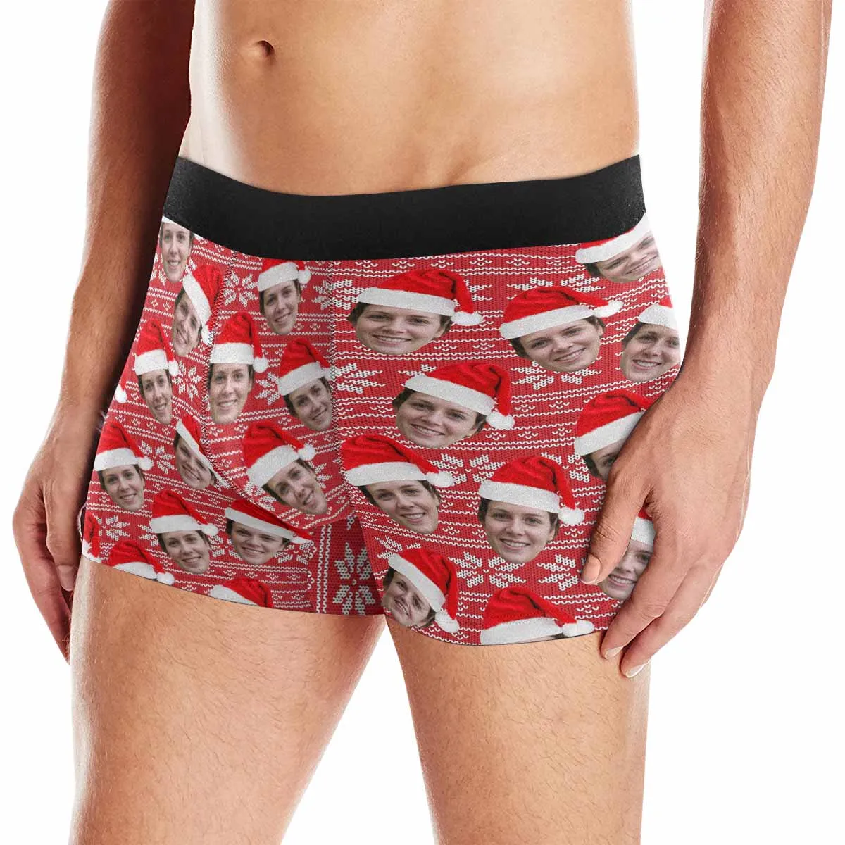 Custom Boxer Personalized Xmas Boxer Briefs with Face Red Background Christmas Hat Design Unique Gift