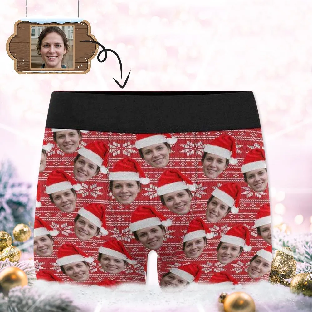 Custom Boxer Personalized Xmas Boxer Briefs with Face Red Background Christmas Hat Design Unique Gift