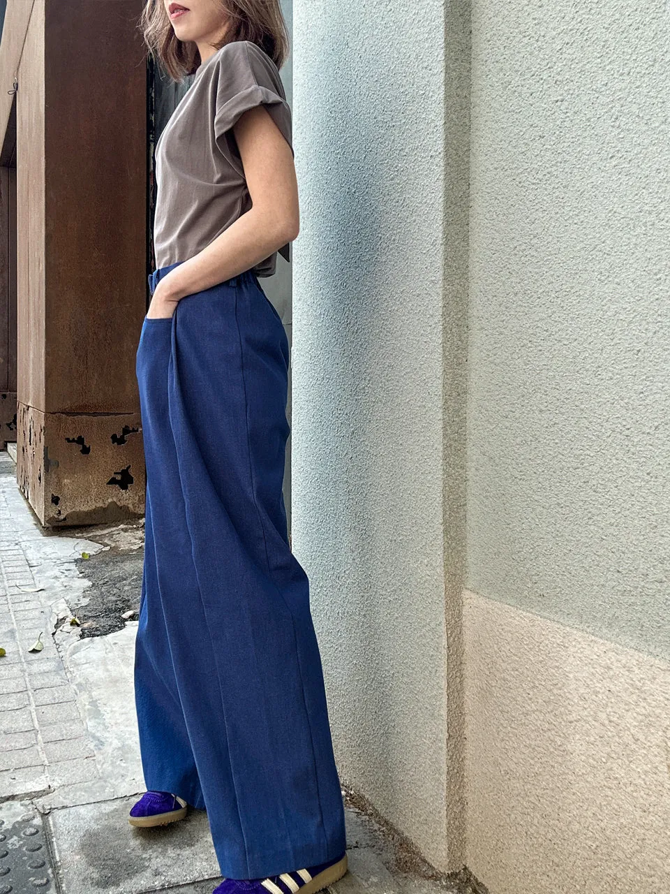 Denim Blue Pleat Front Detail Wide Leg Trousers