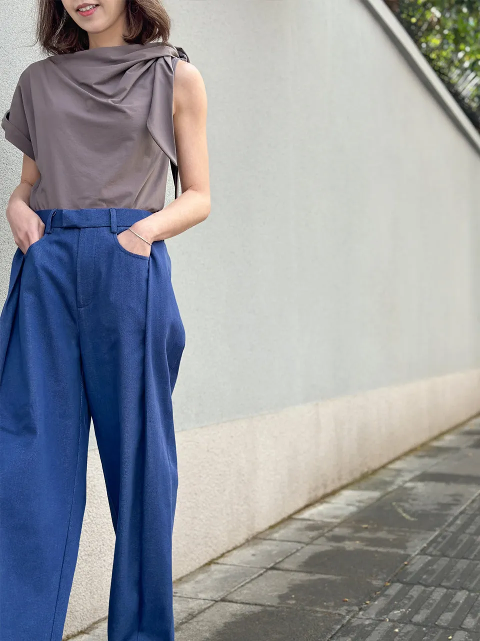 Denim Blue Pleat Front Detail Wide Leg Trousers