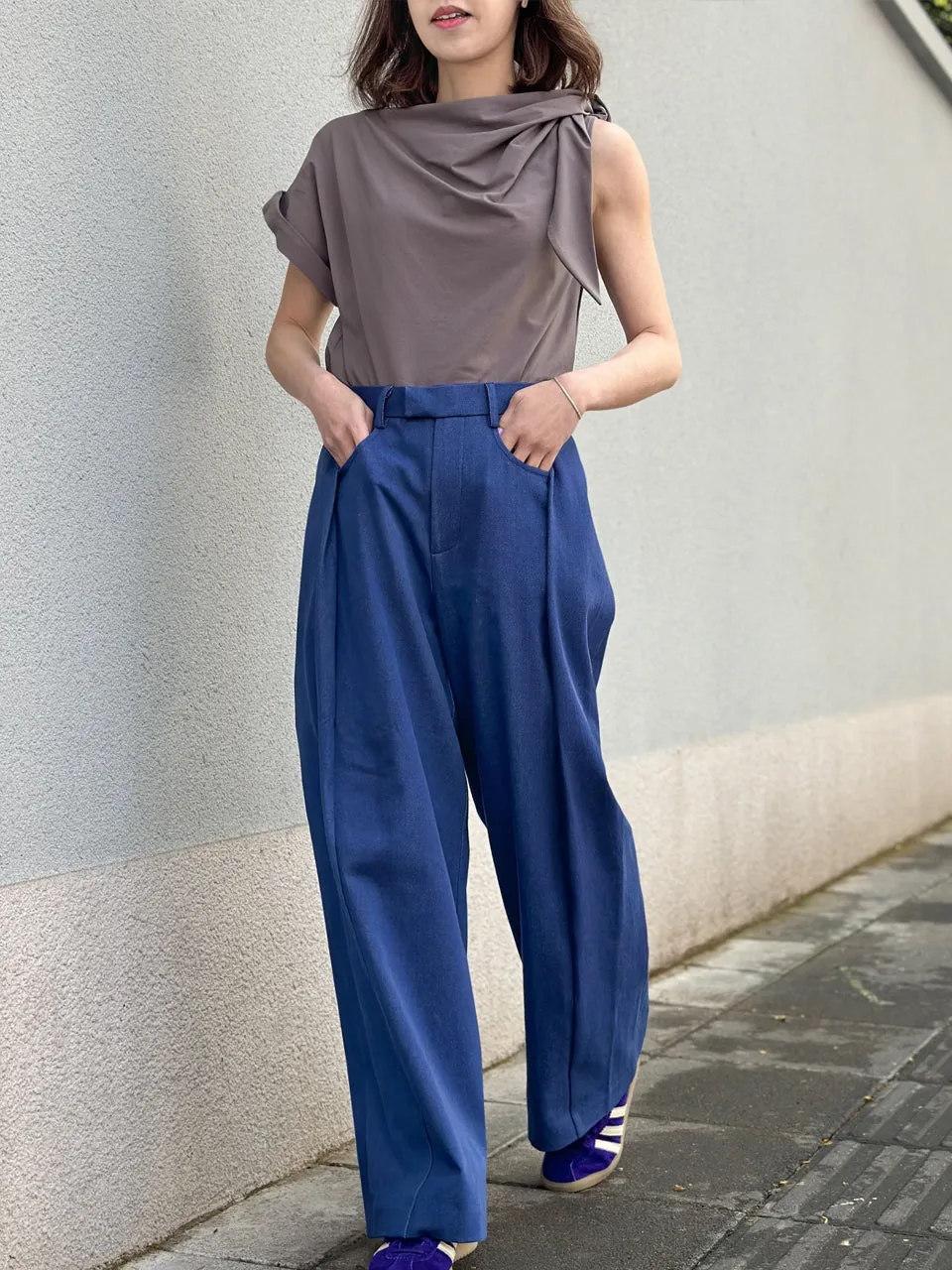 Denim Blue Pleat Front Detail Wide Leg Trousers