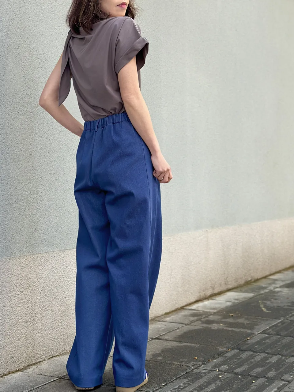 Denim Blue Pleat Front Detail Wide Leg Trousers