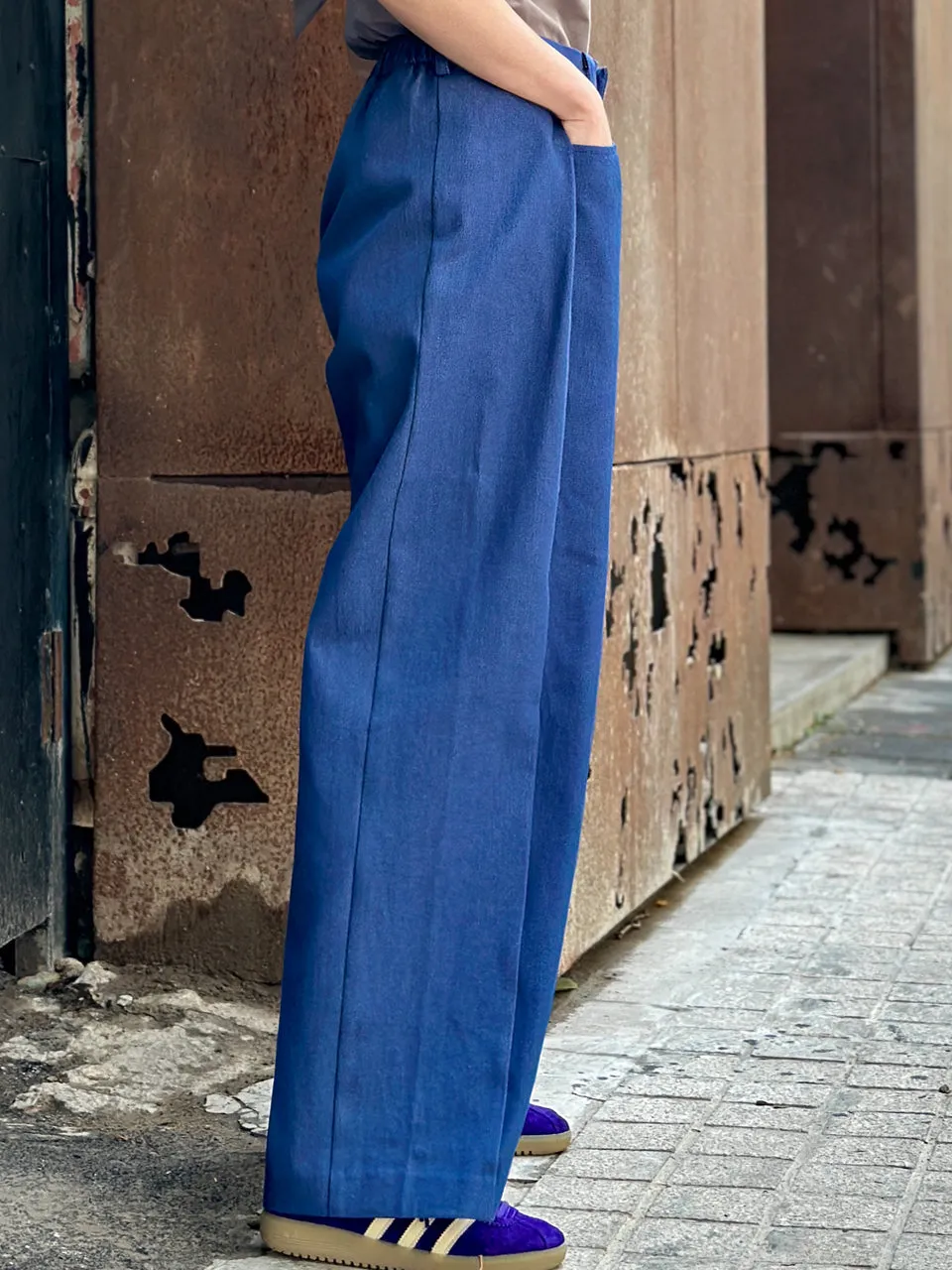 Denim Blue Pleat Front Detail Wide Leg Trousers