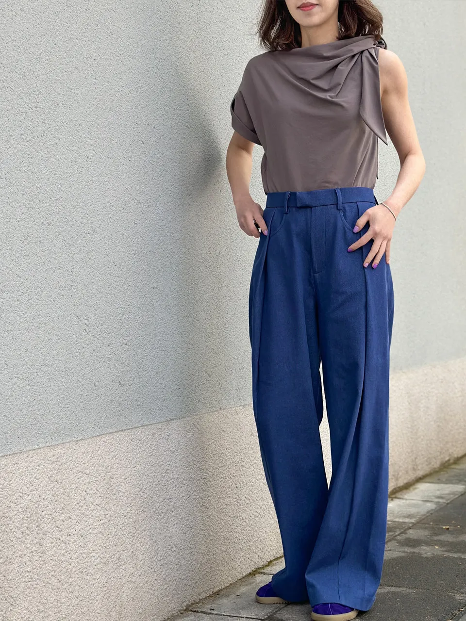 Denim Blue Pleat Front Detail Wide Leg Trousers