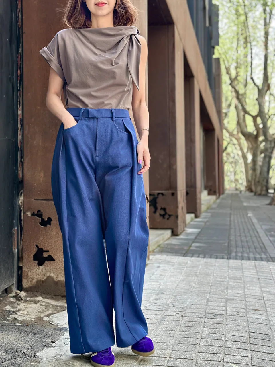 Denim Blue Pleat Front Detail Wide Leg Trousers