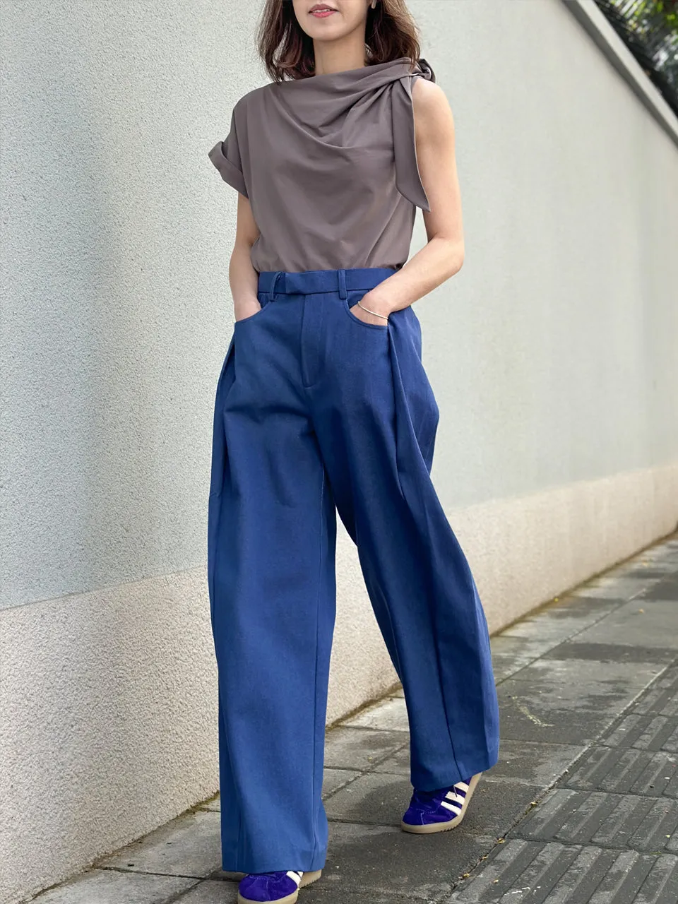 Denim Blue Pleat Front Detail Wide Leg Trousers