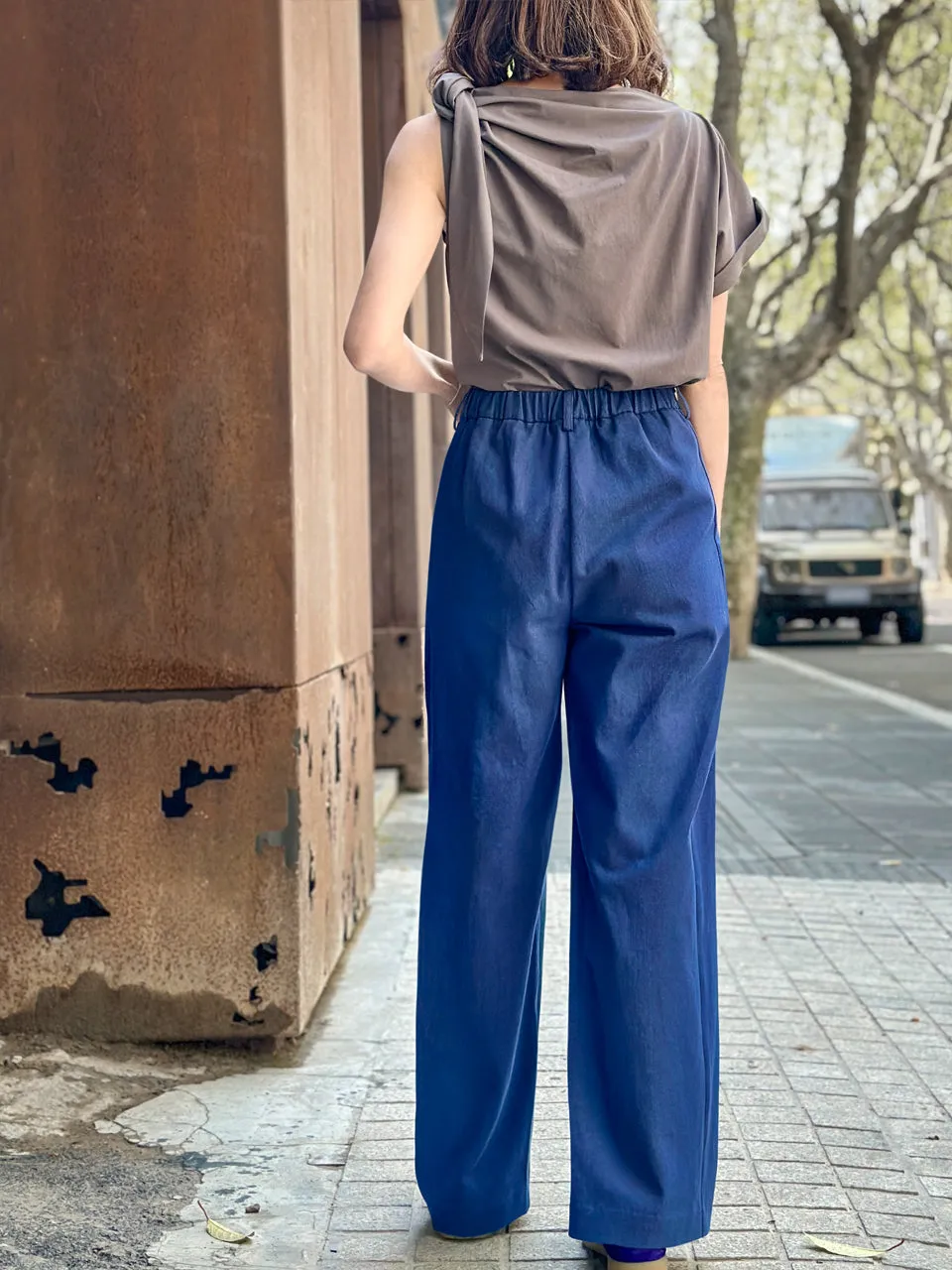 Denim Blue Pleat Front Detail Wide Leg Trousers