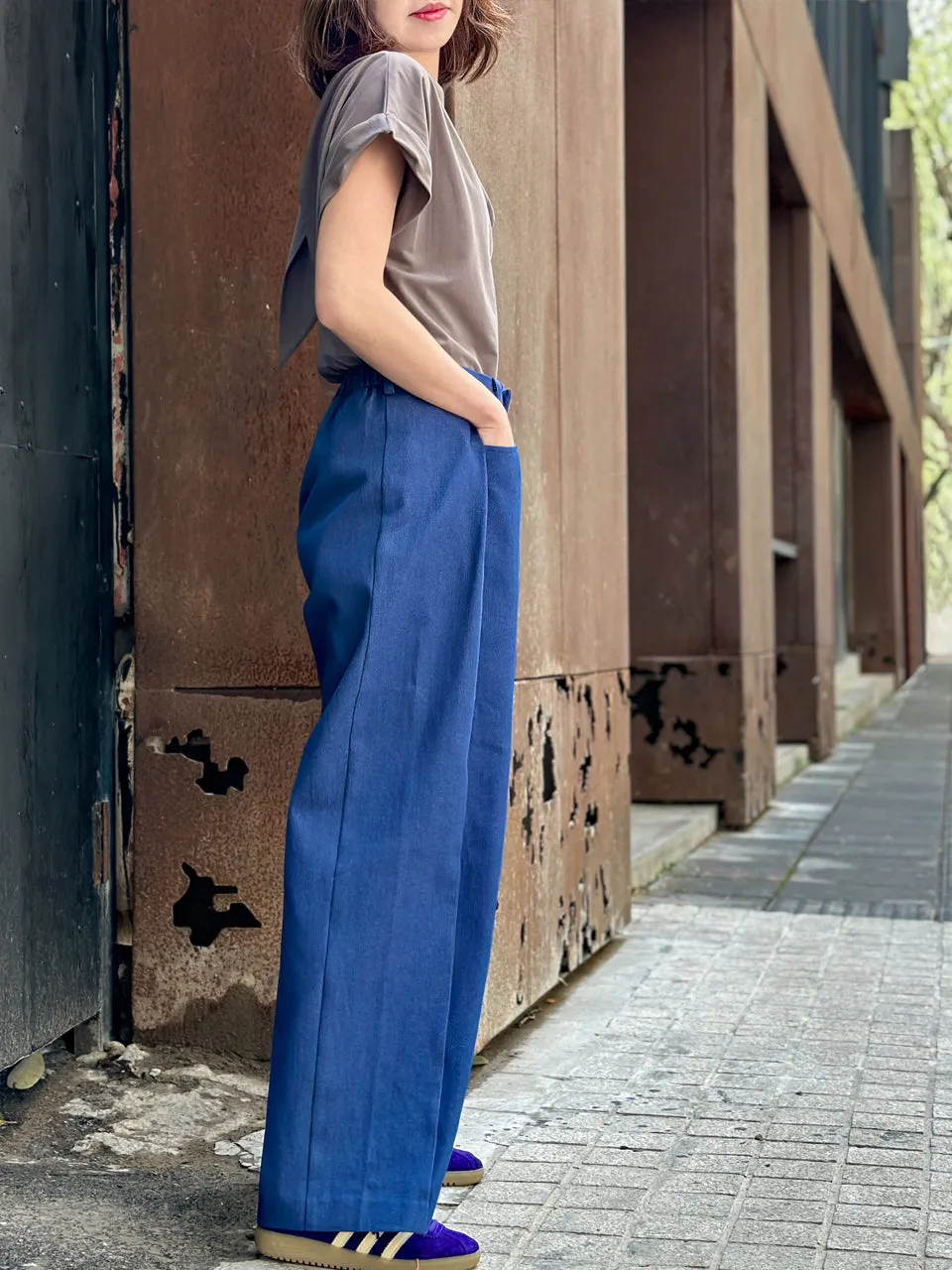 Denim Blue Pleat Front Detail Wide Leg Trousers