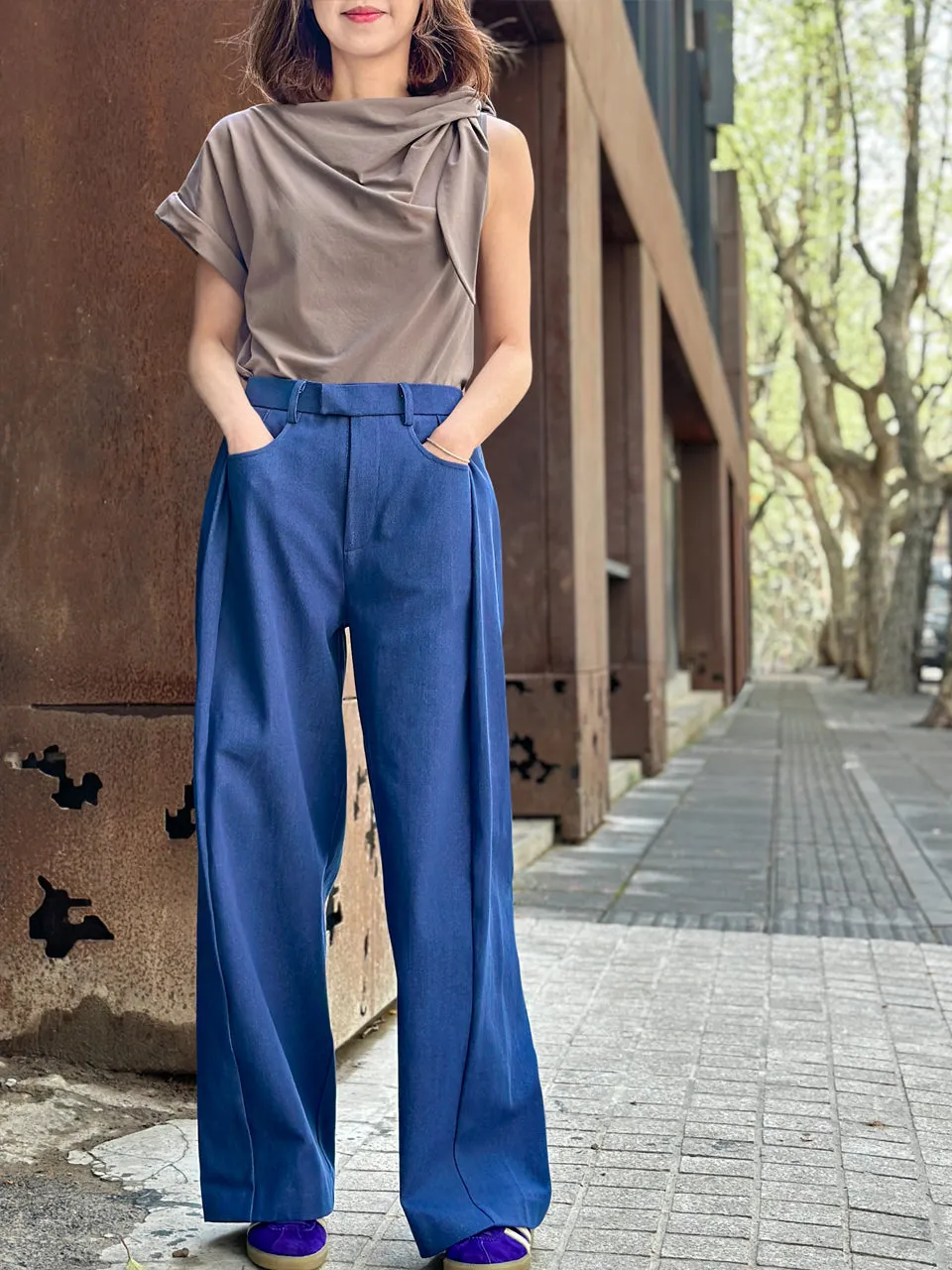 Denim Blue Pleat Front Detail Wide Leg Trousers